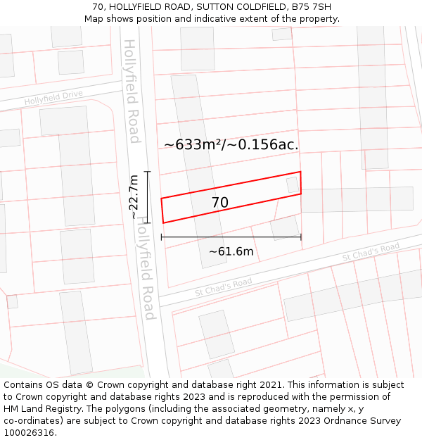 70, HOLLYFIELD ROAD, SUTTON COLDFIELD, B75 7SH: Plot and title map