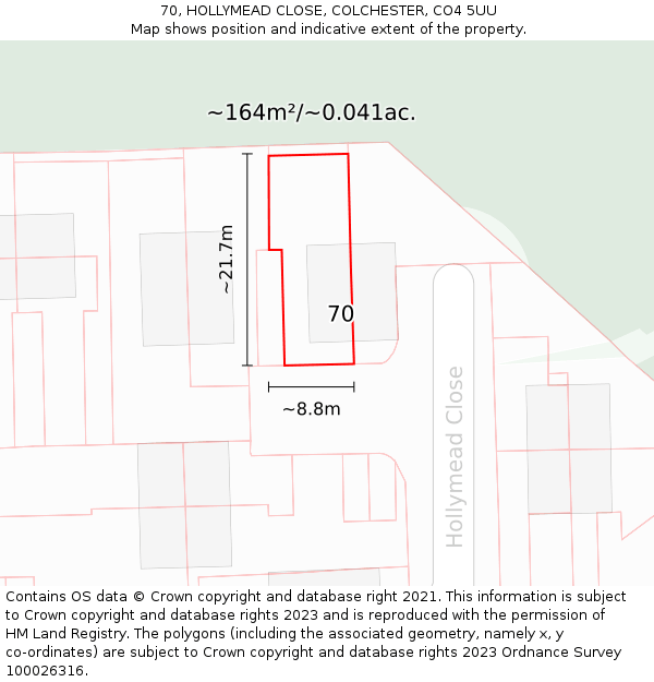 70, HOLLYMEAD CLOSE, COLCHESTER, CO4 5UU: Plot and title map