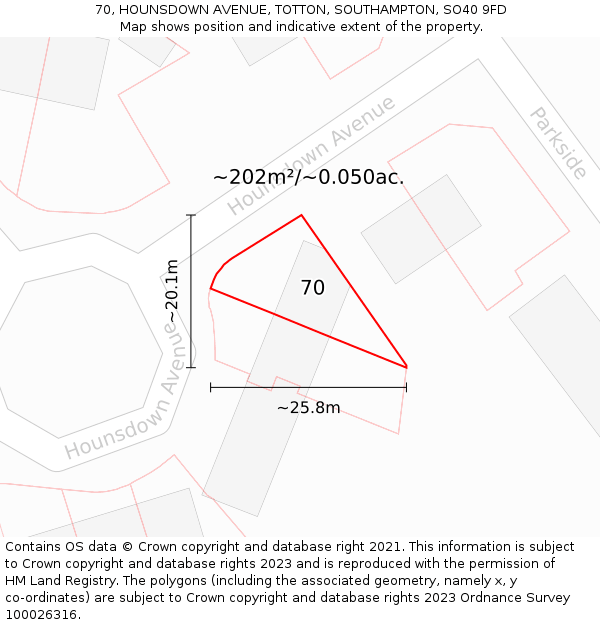 70, HOUNSDOWN AVENUE, TOTTON, SOUTHAMPTON, SO40 9FD: Plot and title map