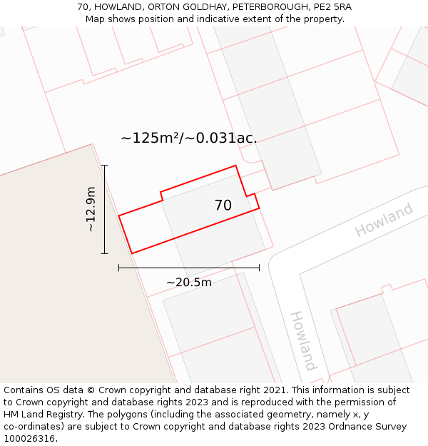 70, HOWLAND, ORTON GOLDHAY, PETERBOROUGH, PE2 5RA: Plot and title map