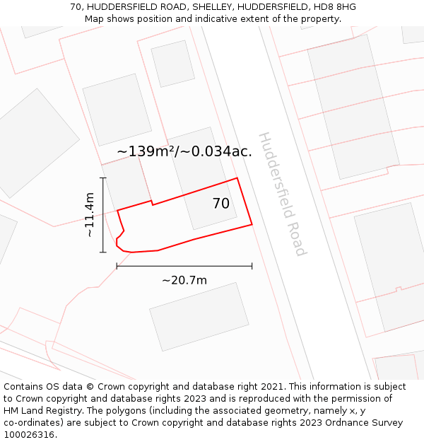 70, HUDDERSFIELD ROAD, SHELLEY, HUDDERSFIELD, HD8 8HG: Plot and title map