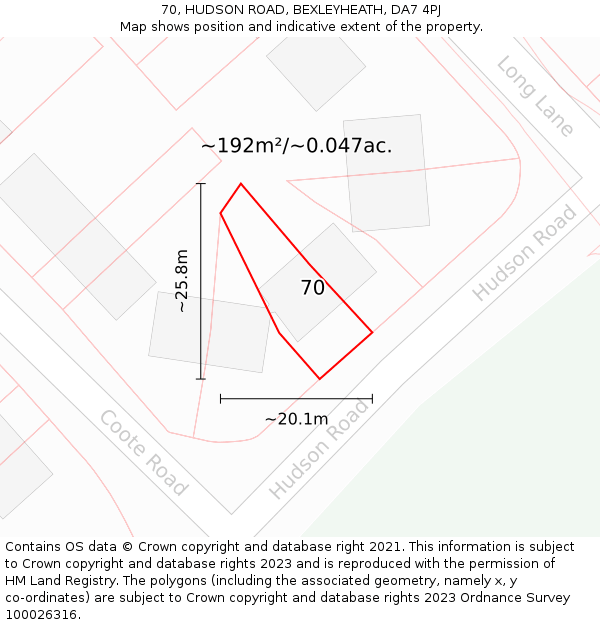 70, HUDSON ROAD, BEXLEYHEATH, DA7 4PJ: Plot and title map