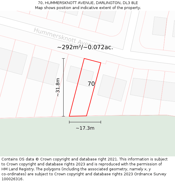 70, HUMMERSKNOTT AVENUE, DARLINGTON, DL3 8LE: Plot and title map