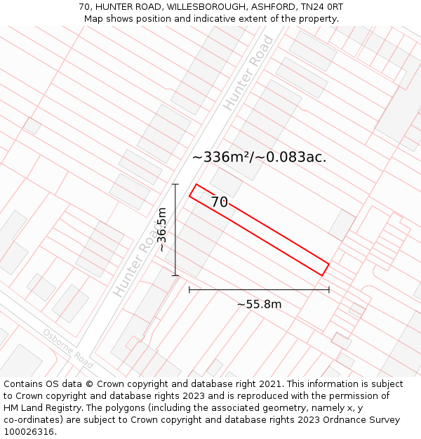 70, HUNTER ROAD, WILLESBOROUGH, ASHFORD, TN24 0RT: Plot and title map