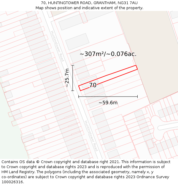 70, HUNTINGTOWER ROAD, GRANTHAM, NG31 7AU: Plot and title map