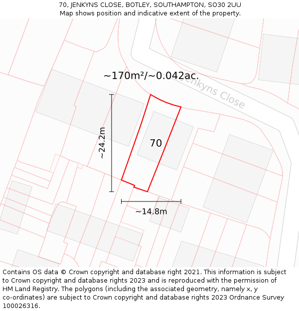 70, JENKYNS CLOSE, BOTLEY, SOUTHAMPTON, SO30 2UU: Plot and title map