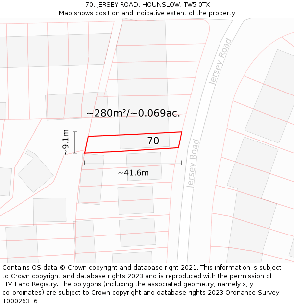70, JERSEY ROAD, HOUNSLOW, TW5 0TX: Plot and title map
