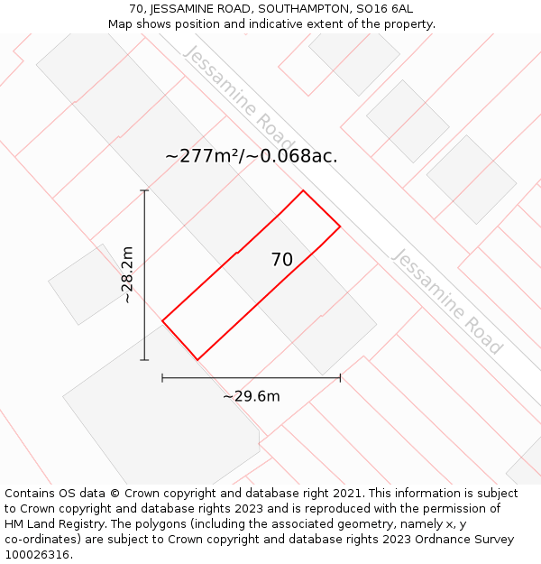 70, JESSAMINE ROAD, SOUTHAMPTON, SO16 6AL: Plot and title map