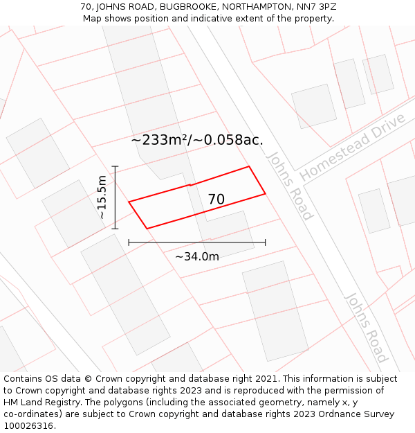 70, JOHNS ROAD, BUGBROOKE, NORTHAMPTON, NN7 3PZ: Plot and title map