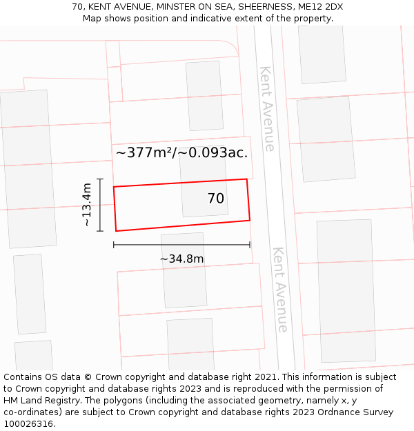 70, KENT AVENUE, MINSTER ON SEA, SHEERNESS, ME12 2DX: Plot and title map
