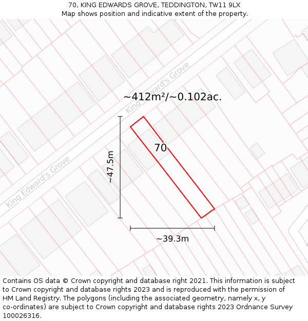 70, KING EDWARDS GROVE, TEDDINGTON, TW11 9LX: Plot and title map