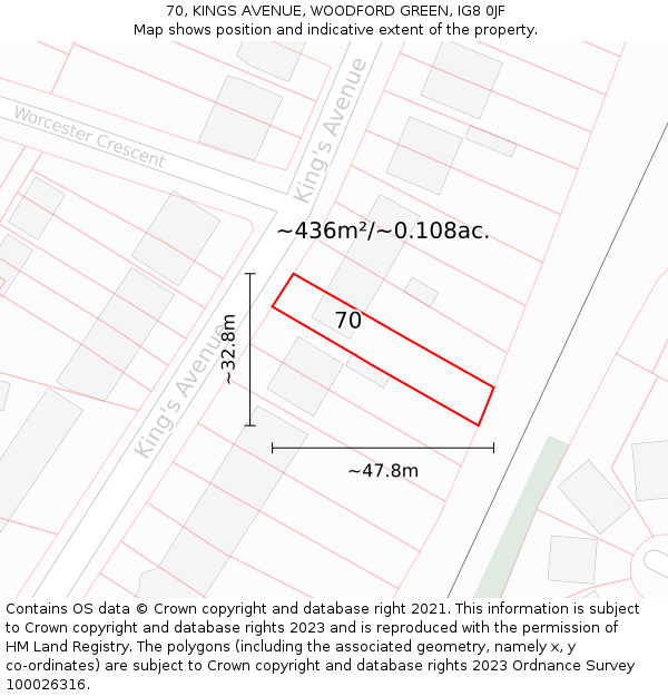 70, KINGS AVENUE, WOODFORD GREEN, IG8 0JF: Plot and title map