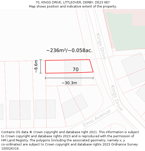 70, KINGS DRIVE, LITTLEOVER, DERBY, DE23 6EY: Plot and title map