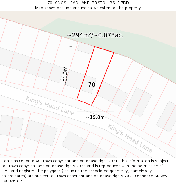 70, KINGS HEAD LANE, BRISTOL, BS13 7DD: Plot and title map