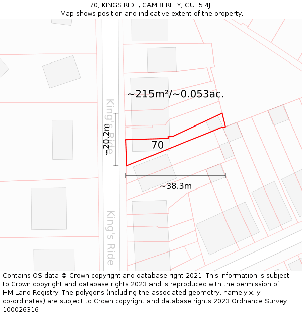 70, KINGS RIDE, CAMBERLEY, GU15 4JF: Plot and title map