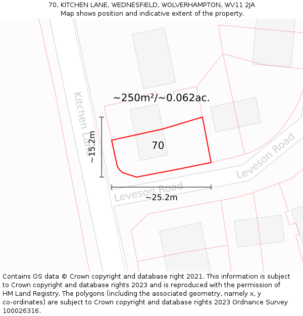 70, KITCHEN LANE, WEDNESFIELD, WOLVERHAMPTON, WV11 2JA: Plot and title map