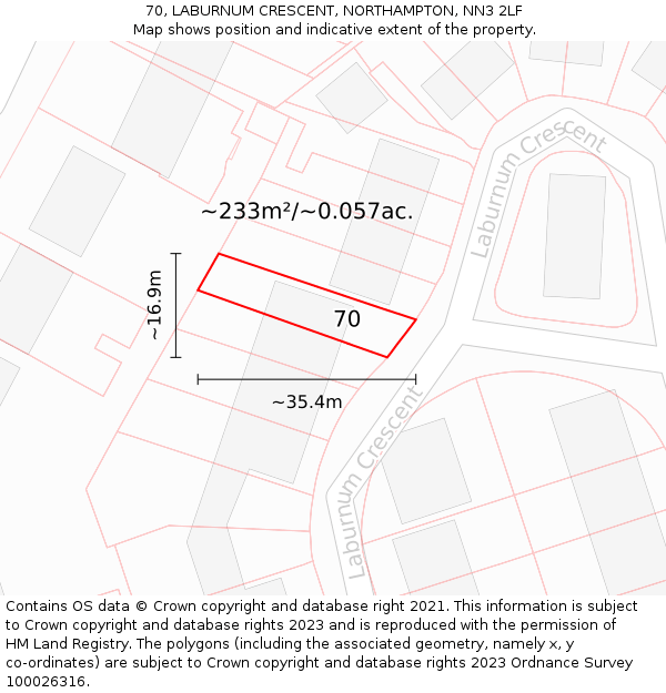 70, LABURNUM CRESCENT, NORTHAMPTON, NN3 2LF: Plot and title map