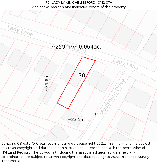 70, LADY LANE, CHELMSFORD, CM2 0TH: Plot and title map