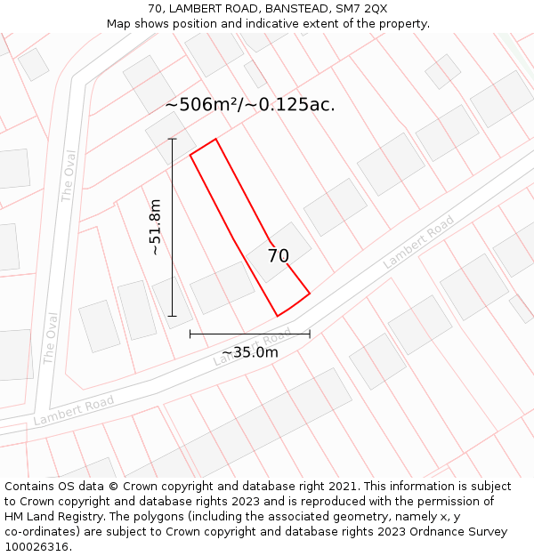 70, LAMBERT ROAD, BANSTEAD, SM7 2QX: Plot and title map