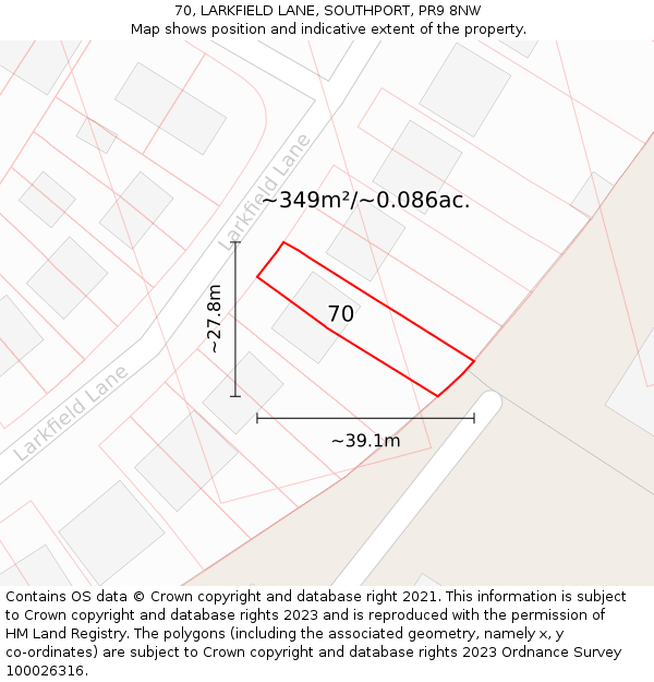 70, LARKFIELD LANE, SOUTHPORT, PR9 8NW: Plot and title map