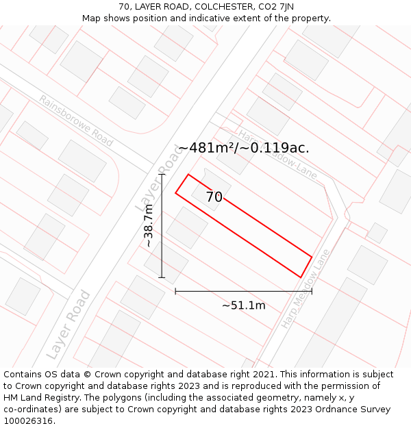 70, LAYER ROAD, COLCHESTER, CO2 7JN: Plot and title map