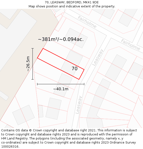 70, LEASWAY, BEDFORD, MK41 9DE: Plot and title map