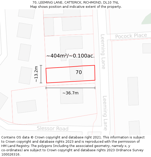 70, LEEMING LANE, CATTERICK, RICHMOND, DL10 7NL: Plot and title map