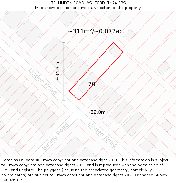 70, LINDEN ROAD, ASHFORD, TN24 8BS: Plot and title map
