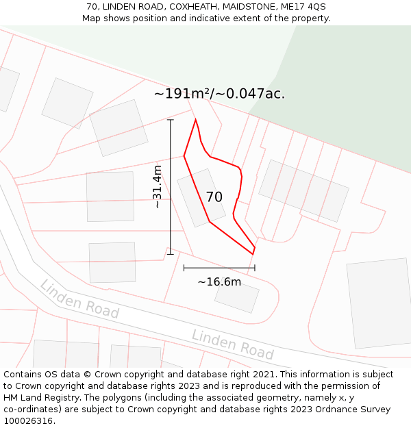 70, LINDEN ROAD, COXHEATH, MAIDSTONE, ME17 4QS: Plot and title map