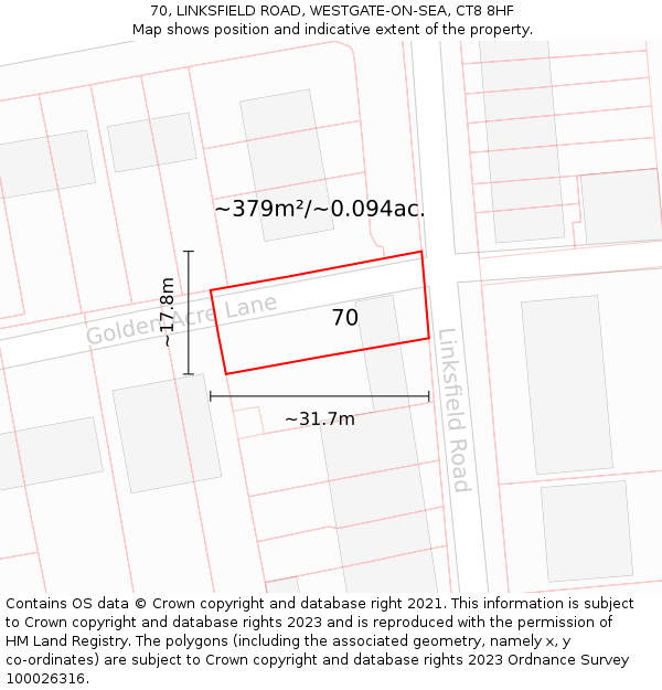 70, LINKSFIELD ROAD, WESTGATE-ON-SEA, CT8 8HF: Plot and title map