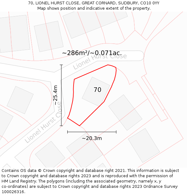 70, LIONEL HURST CLOSE, GREAT CORNARD, SUDBURY, CO10 0YY: Plot and title map