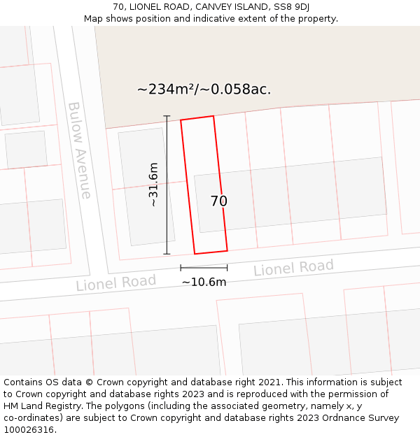 70, LIONEL ROAD, CANVEY ISLAND, SS8 9DJ: Plot and title map
