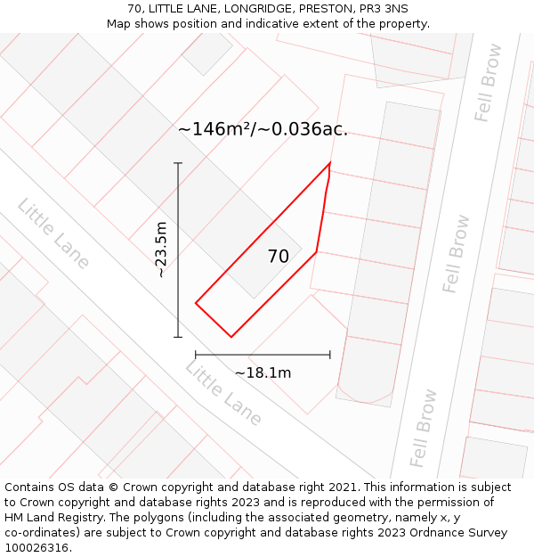 70, LITTLE LANE, LONGRIDGE, PRESTON, PR3 3NS: Plot and title map