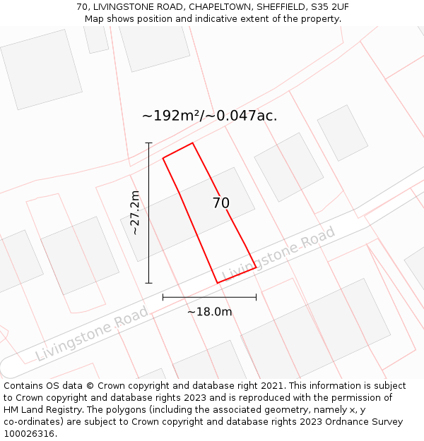 70, LIVINGSTONE ROAD, CHAPELTOWN, SHEFFIELD, S35 2UF: Plot and title map