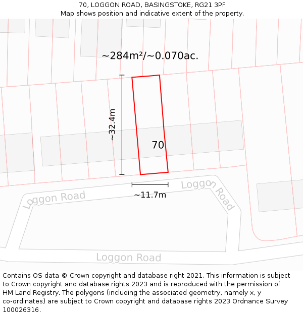 70, LOGGON ROAD, BASINGSTOKE, RG21 3PF: Plot and title map