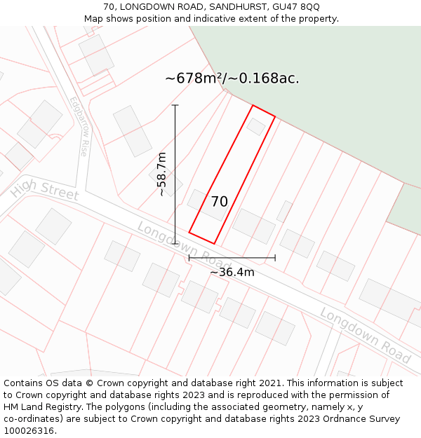 70, LONGDOWN ROAD, SANDHURST, GU47 8QQ: Plot and title map
