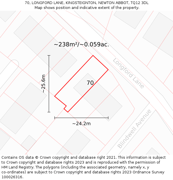 70, LONGFORD LANE, KINGSTEIGNTON, NEWTON ABBOT, TQ12 3DL: Plot and title map