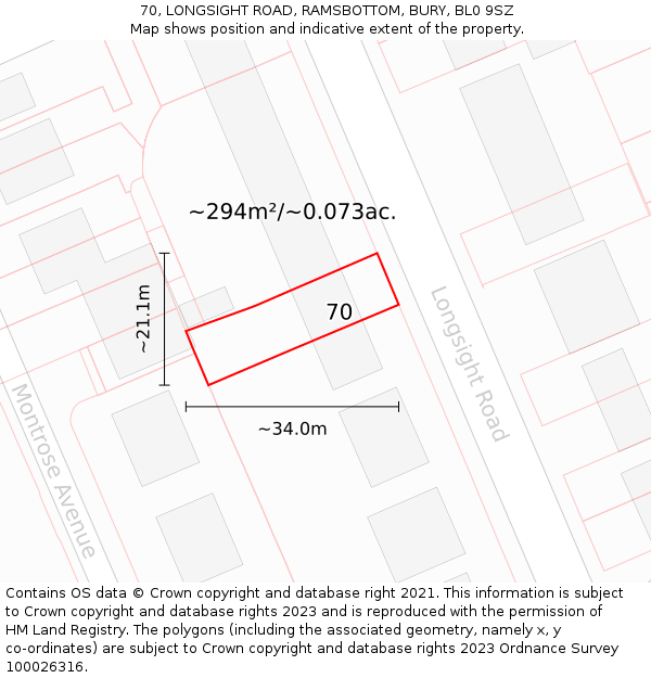 70, LONGSIGHT ROAD, RAMSBOTTOM, BURY, BL0 9SZ: Plot and title map