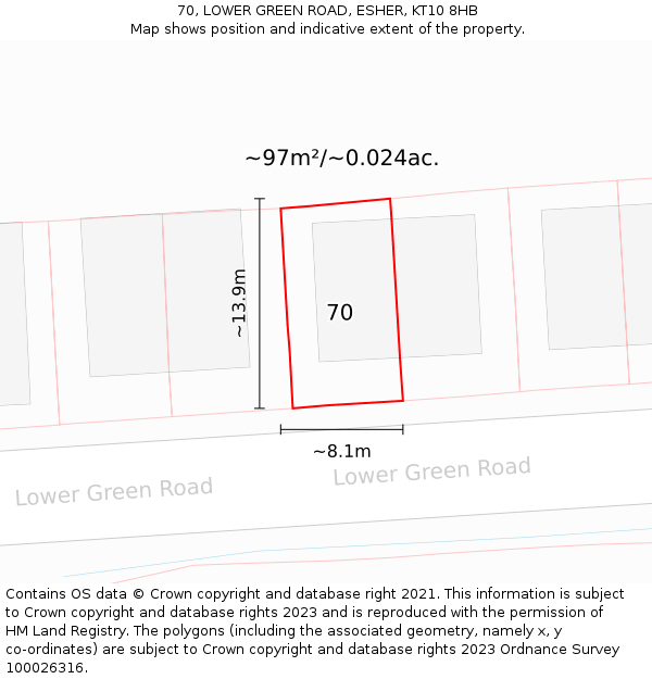 70, LOWER GREEN ROAD, ESHER, KT10 8HB: Plot and title map