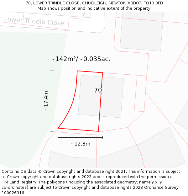 70, LOWER TRINDLE CLOSE, CHUDLEIGH, NEWTON ABBOT, TQ13 0FB: Plot and title map