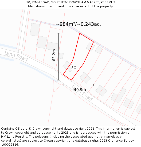 70, LYNN ROAD, SOUTHERY, DOWNHAM MARKET, PE38 0HT: Plot and title map