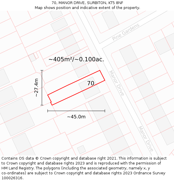 70, MANOR DRIVE, SURBITON, KT5 8NF: Plot and title map