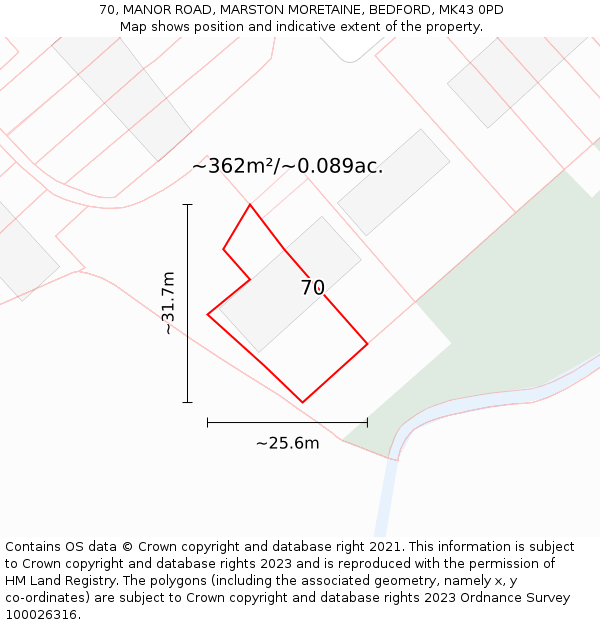 70, MANOR ROAD, MARSTON MORETAINE, BEDFORD, MK43 0PD: Plot and title map