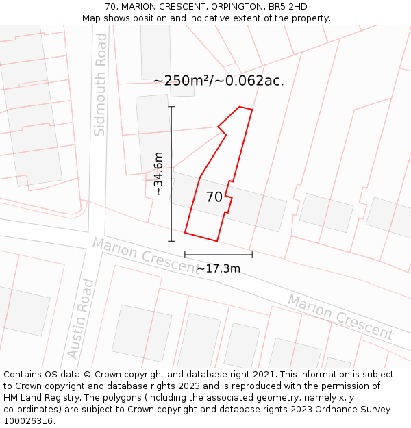 70, MARION CRESCENT, ORPINGTON, BR5 2HD: Plot and title map