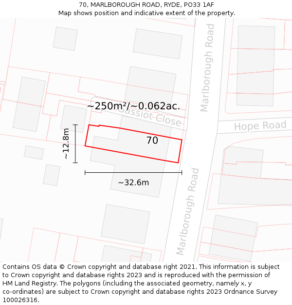 70, MARLBOROUGH ROAD, RYDE, PO33 1AF: Plot and title map