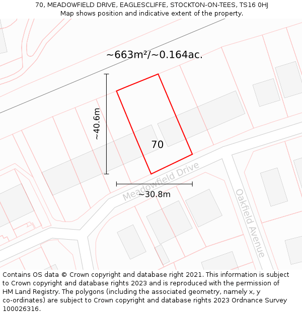 70, MEADOWFIELD DRIVE, EAGLESCLIFFE, STOCKTON-ON-TEES, TS16 0HJ: Plot and title map