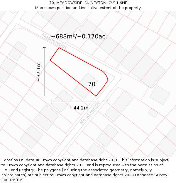 70, MEADOWSIDE, NUNEATON, CV11 6NE: Plot and title map