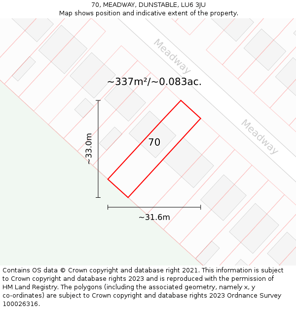 70, MEADWAY, DUNSTABLE, LU6 3JU: Plot and title map
