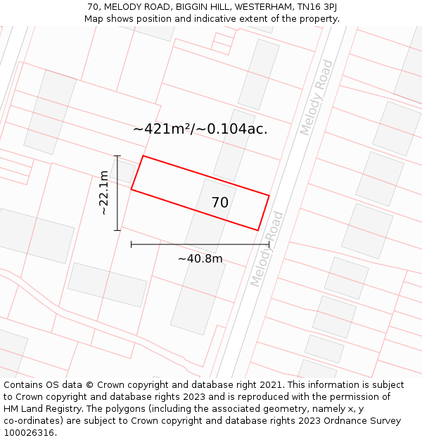70, MELODY ROAD, BIGGIN HILL, WESTERHAM, TN16 3PJ: Plot and title map