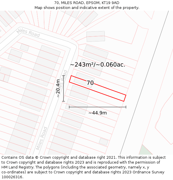 70, MILES ROAD, EPSOM, KT19 9AD: Plot and title map